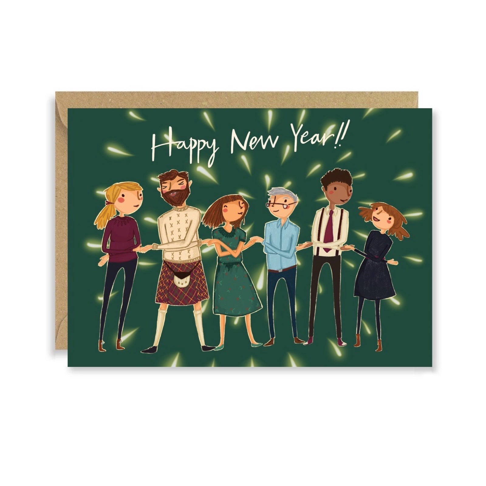 New Year card featuring an illustration of a group of friends singing and dancing to Auld Lang Syne with the text 'Happy New Year'.