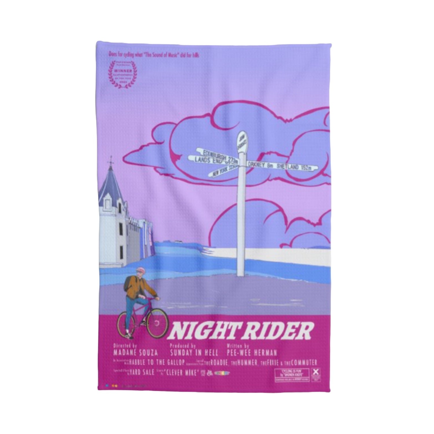Tea towel featuring a movie poster design with original illustration of the famous sign in John O Groats, caithness, Scotland.