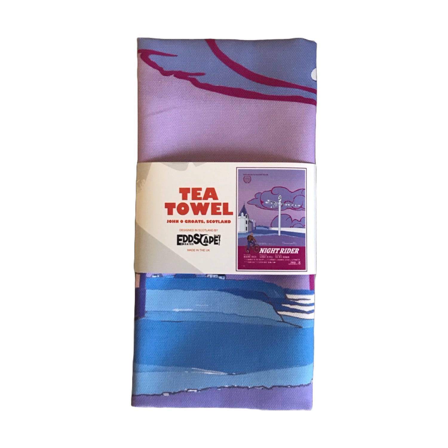 Tea towel featuring a movie poster design with original illustration of the famous sign in John O Groats, caithness, Scotland.