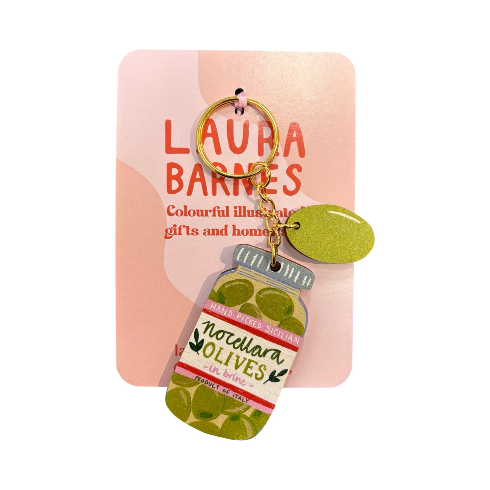 Keychain with jar design on a pink card featuring 'Laura Barnes' branding.
