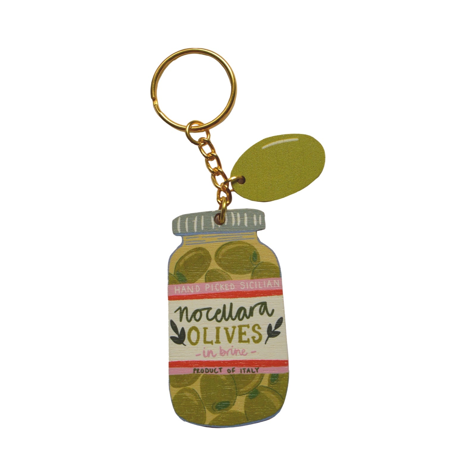 Keychain shaped like a jar of Notellara Olives on a white background.