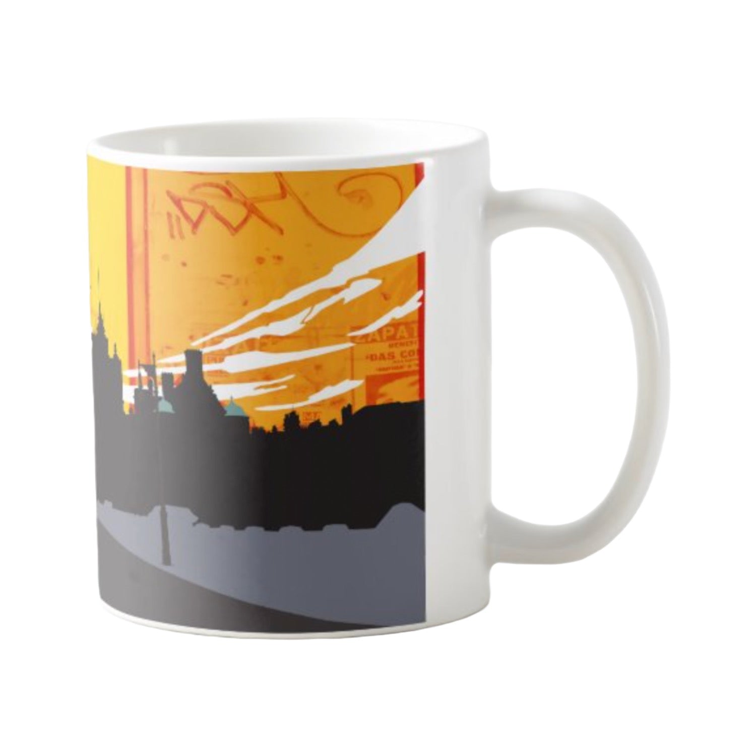 This mug features a panoramic artwork of North Bridge in Edinburgh, featuring the Scotsman Hotel and the Carlton Hotel in silhouette with a yellow and orange sky
