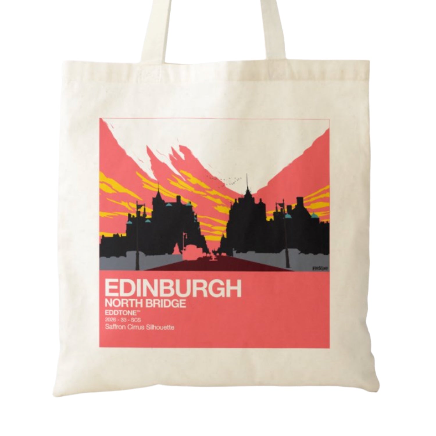 This tote bag features a square design of an illustration of North Bridge, Edinburgh