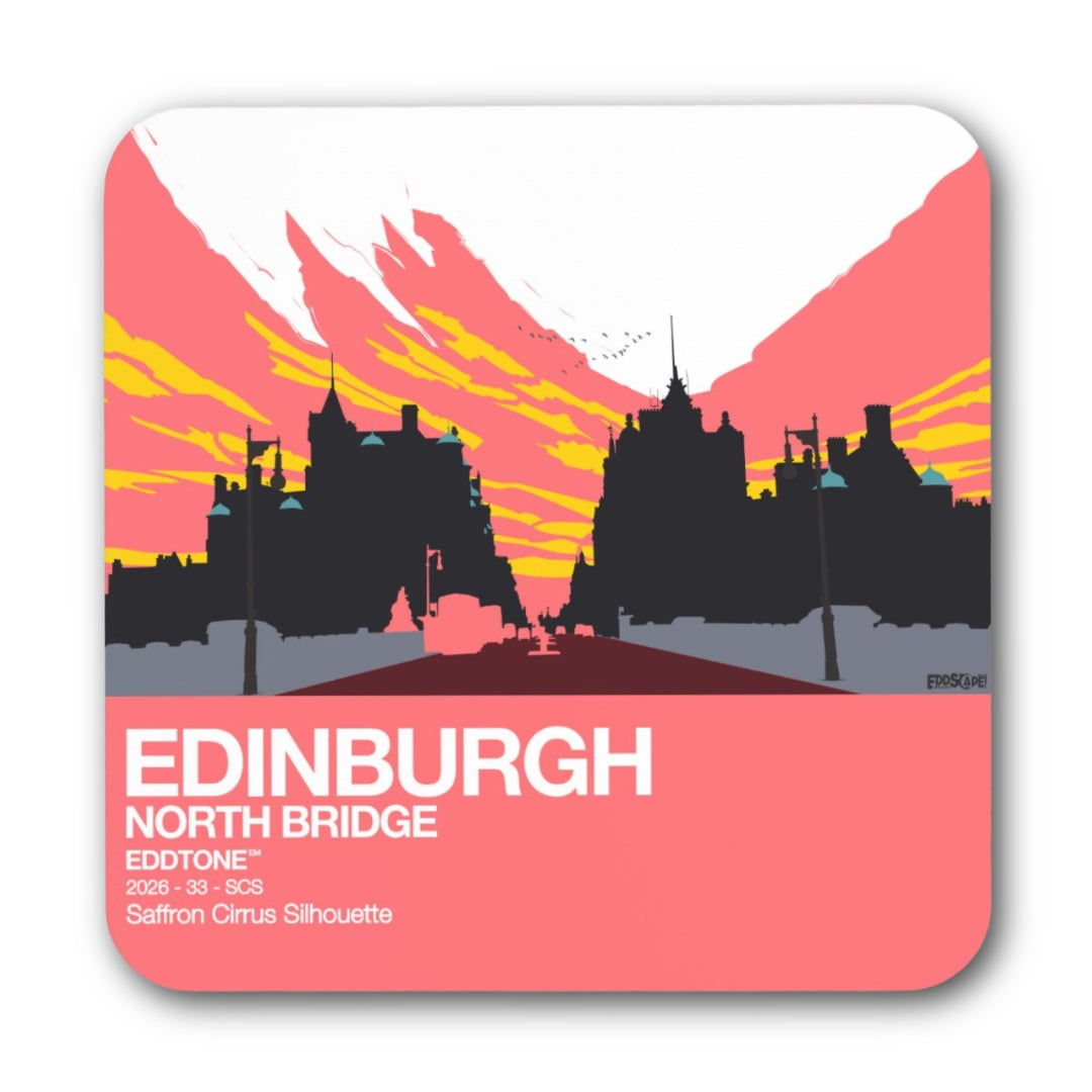 Coaster featuring an illustration of North Bridge in Edinburgh