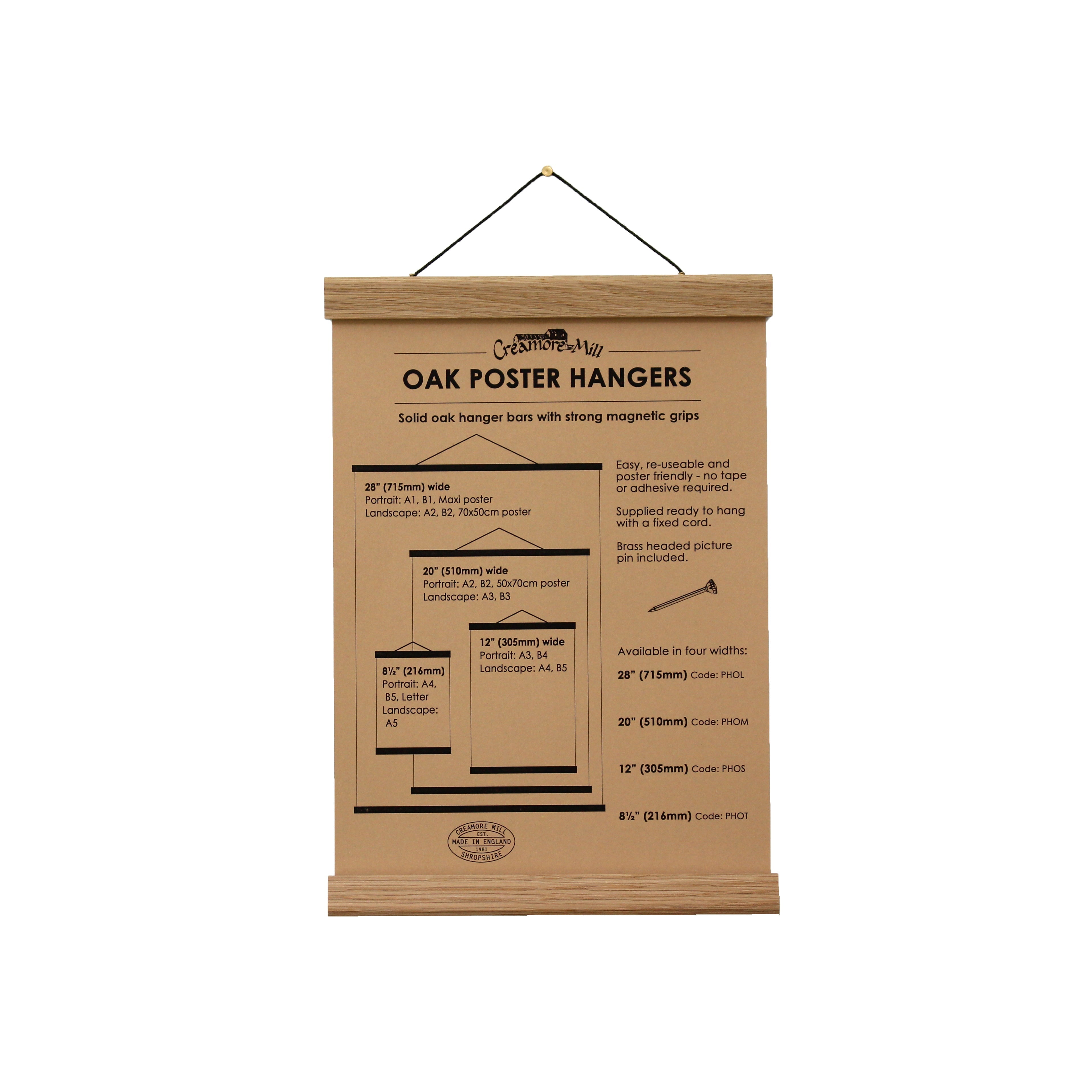 Oak poster hanging bars with strong magnetic grips.