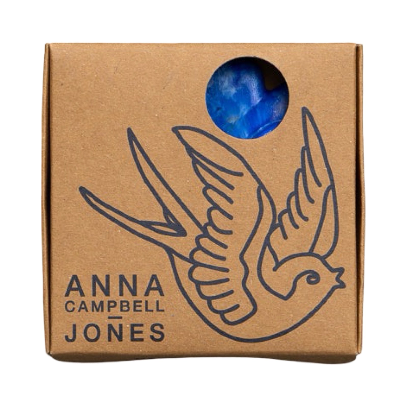 Cardboard box with a blue stone and 'Anna Campbell Jones' branding.