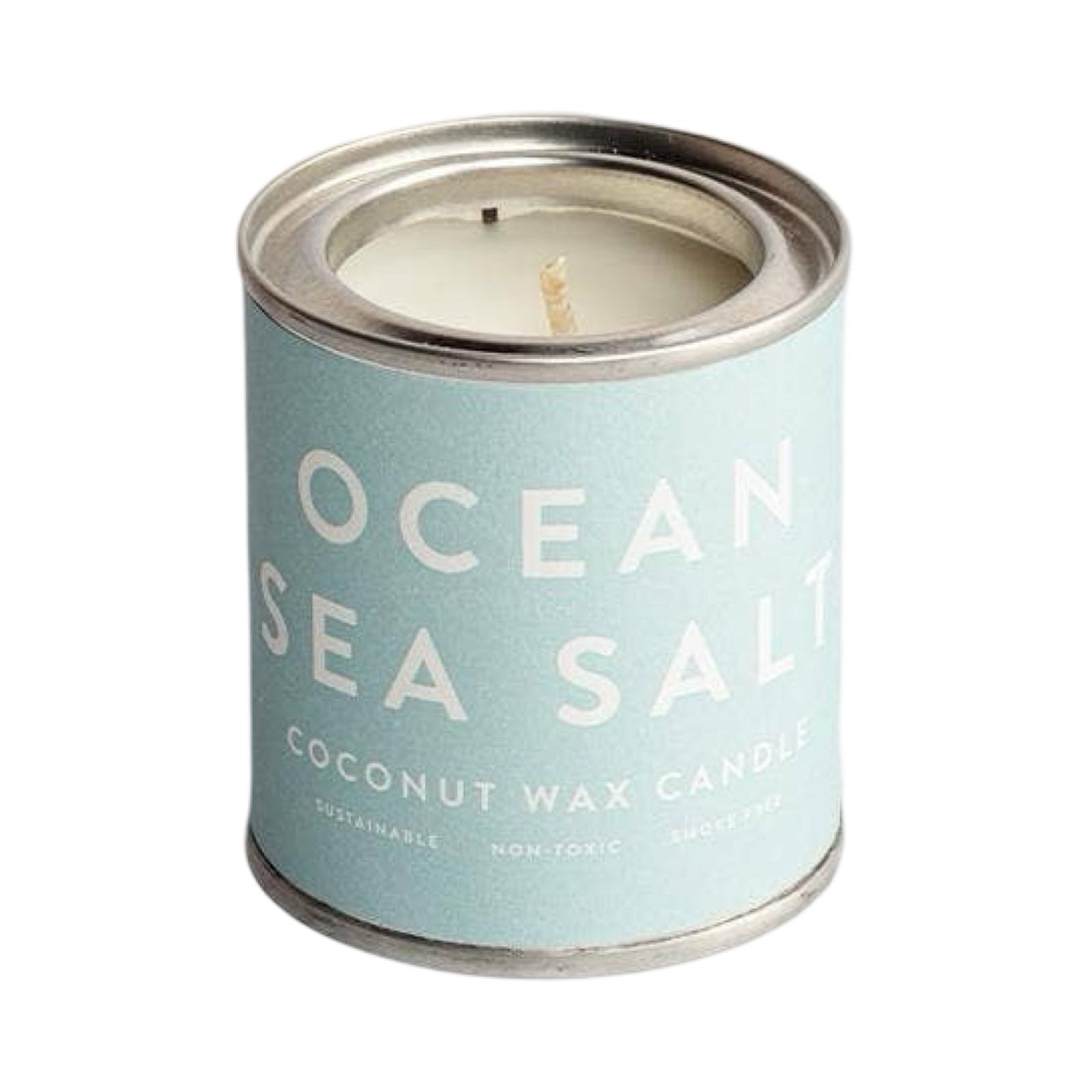 An ocean sea salt coconut wax candle in a small paint tin with a pale blue label.