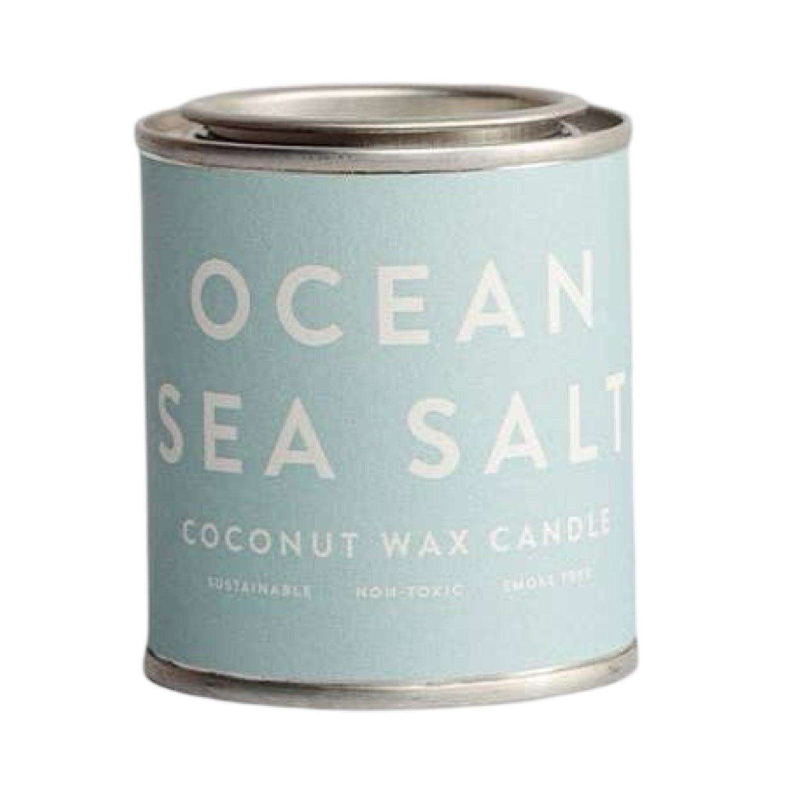 An ocean sea salt coconut wax candle in a small paint tin with a pale blue label.