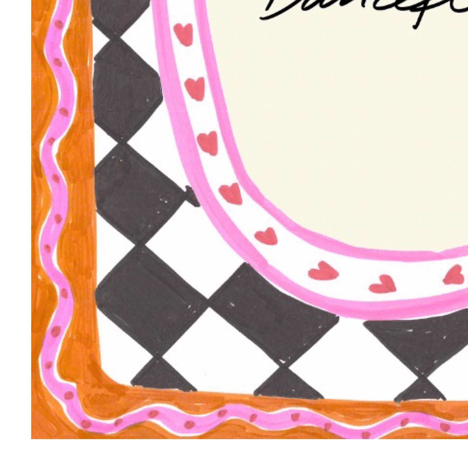 Decorative border with black and white checkered pattern, pink hearts, and orange border.