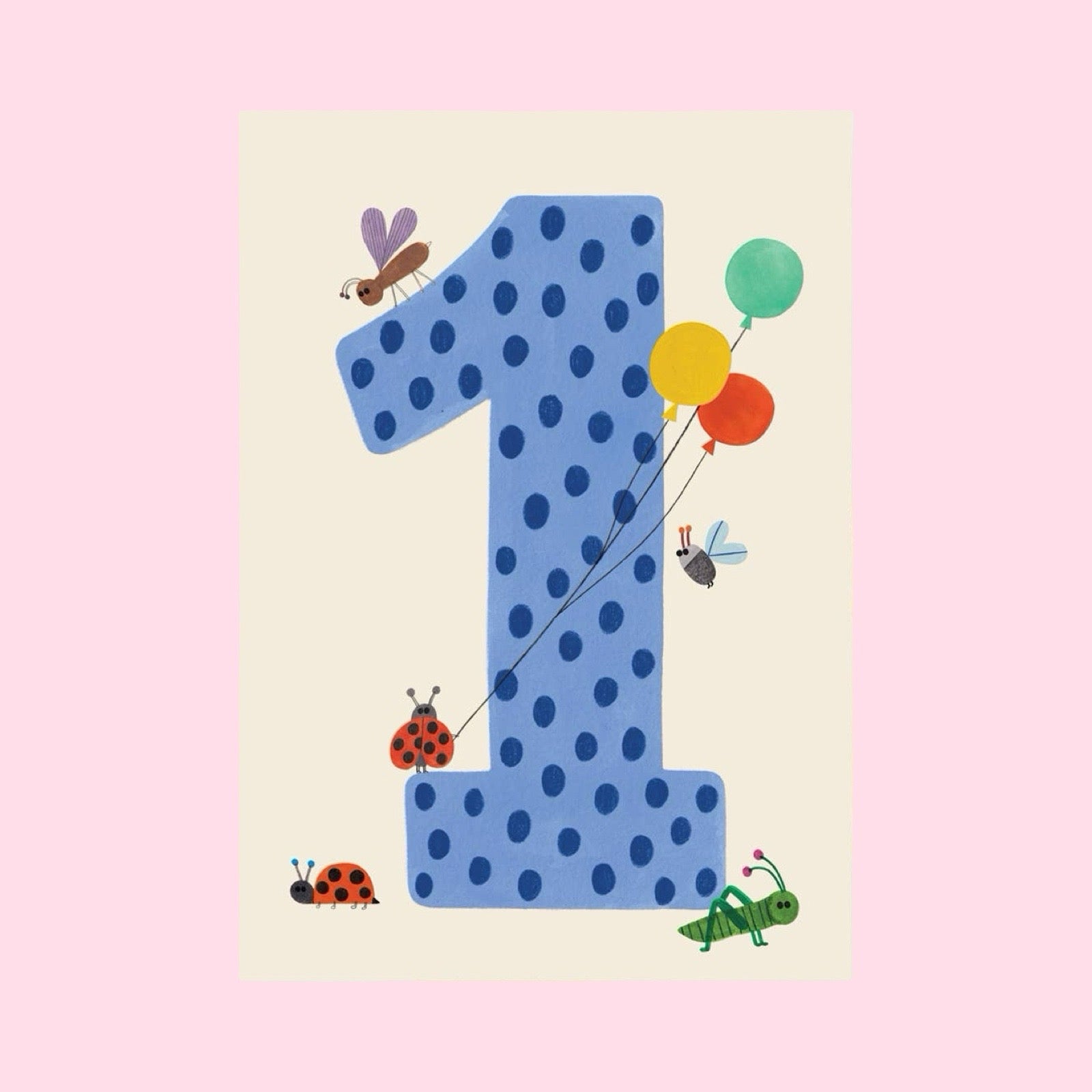 Number '1' with polka dots, balloons, and small insects on a light pink background.
