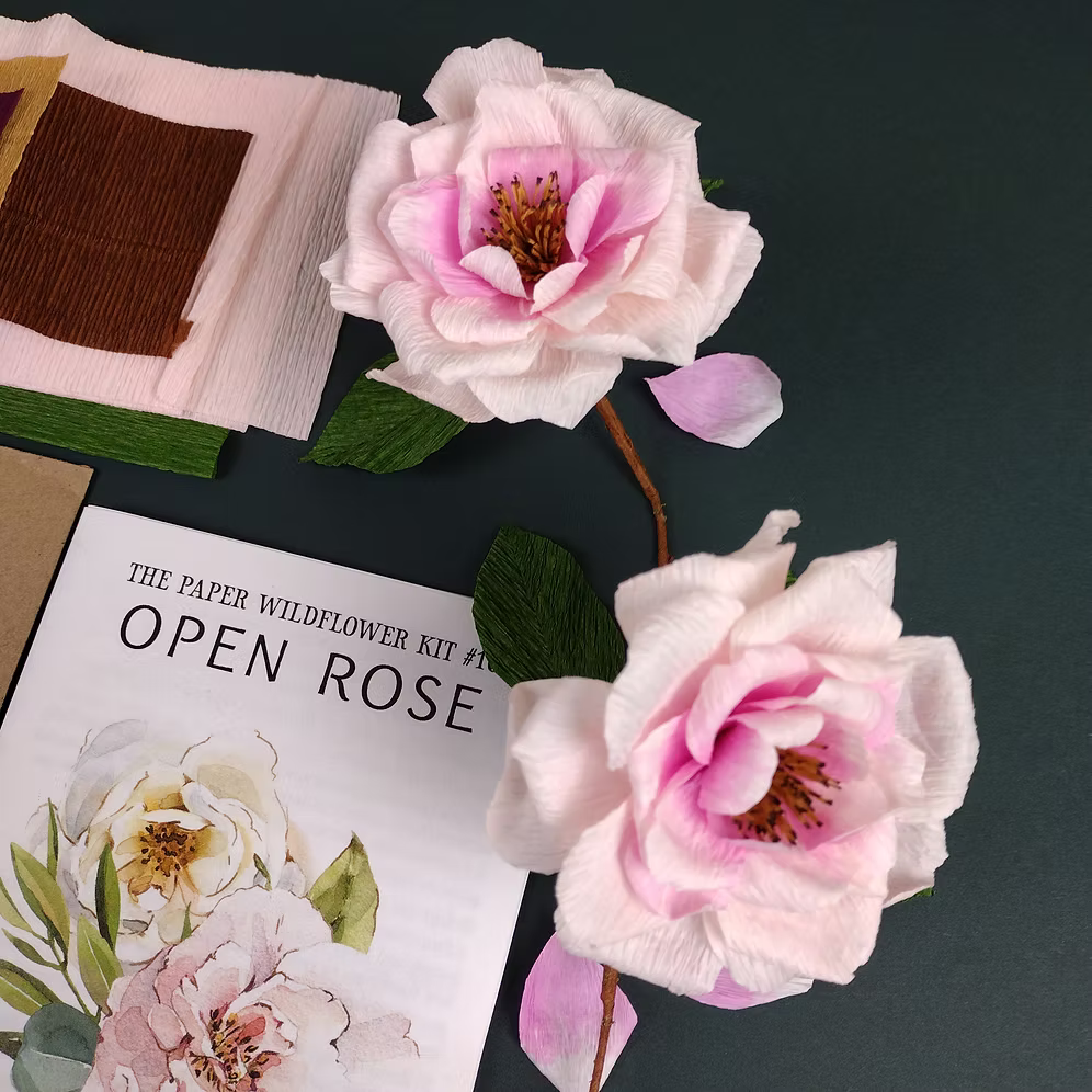 Pink paper flowers and a book titled 'The Paper Wildflower Kit #1 Open Rose' on a dark surface.