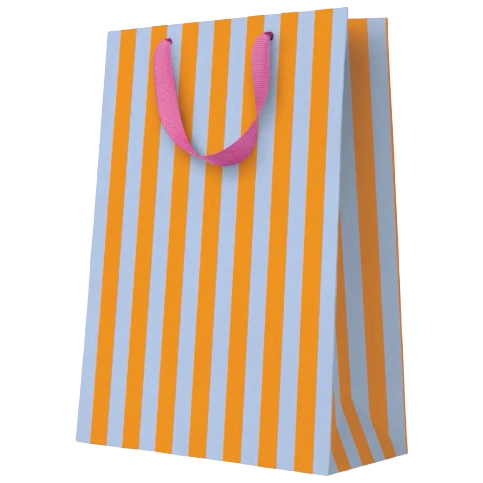 A paper gift bag with vertical orange and light blue stripes and pink ribbon handles, shown on a plain white background.