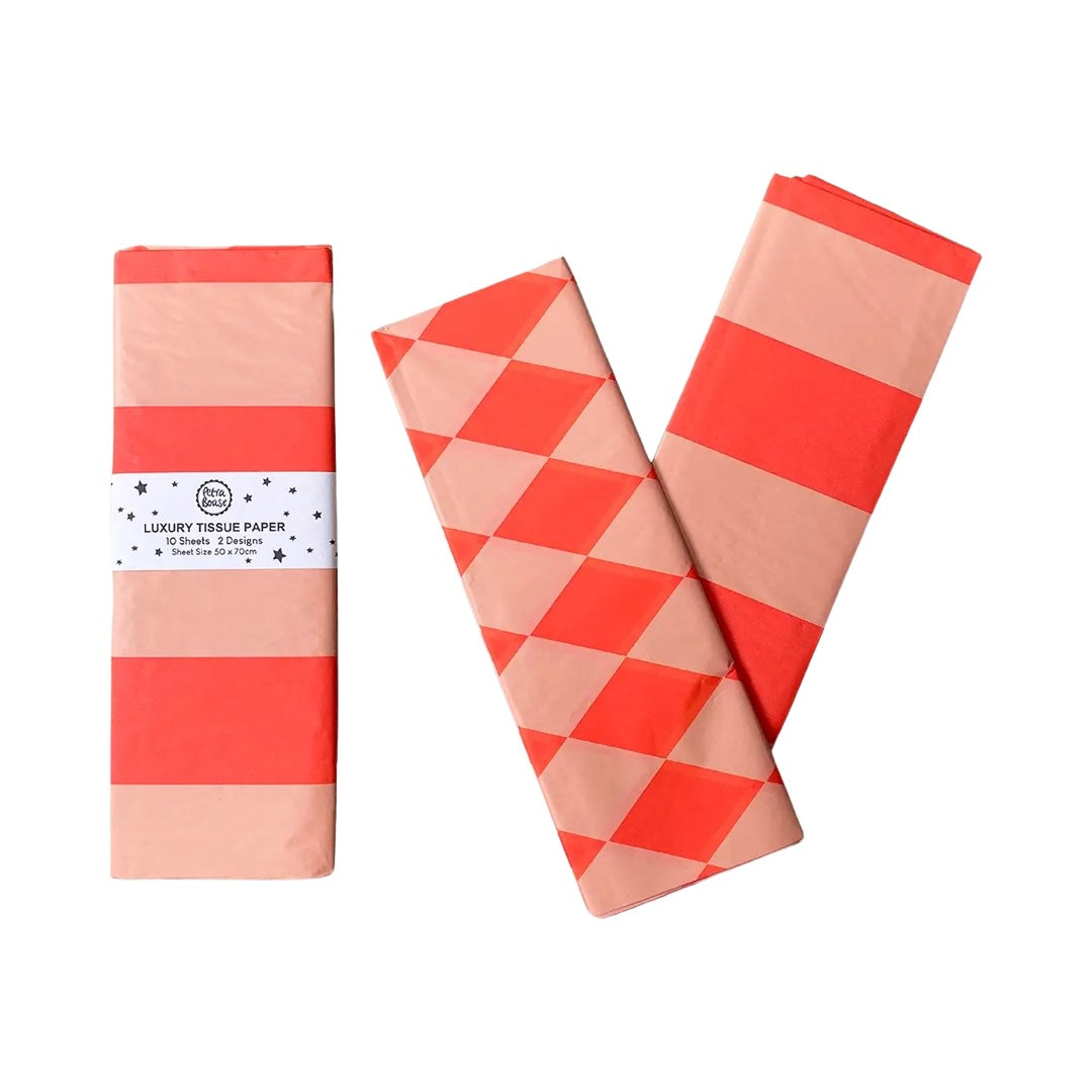 A pack of ten sheets of luxury tissue paper with diamond and striped patterns in orange and peach.