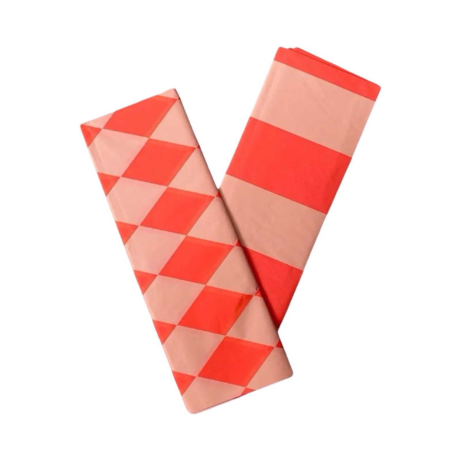 A pack of ten sheets of luxury tissue paper with diamond and striped patterns in orange and peach.