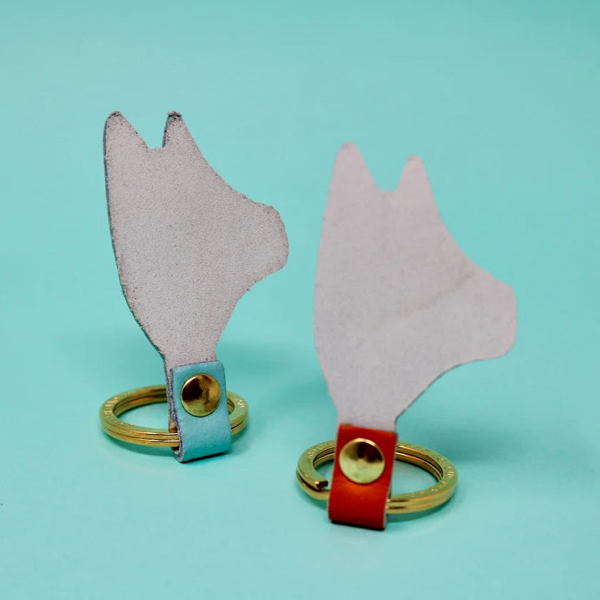 Back of two dog-shaped key rings with gold rings on a light blue background.