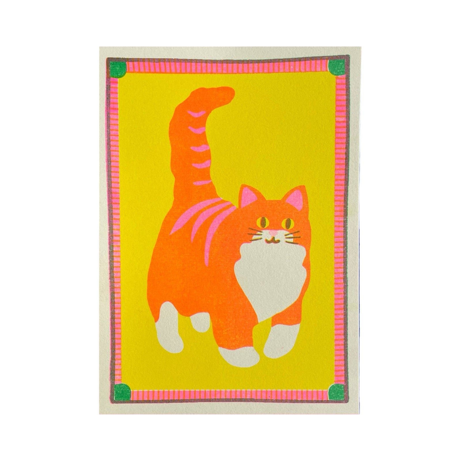 This mini risograph print features an orange cat with pink stripes against a yellow background