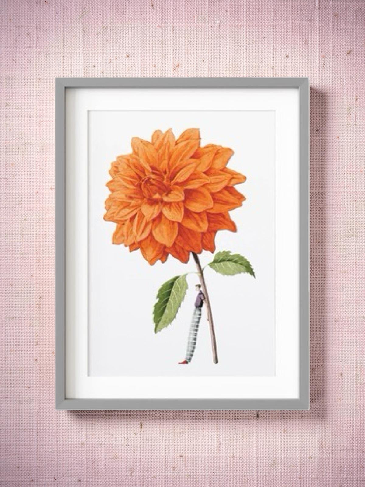 Framed artwork of an orange flower with green leaves on a pink textured background.