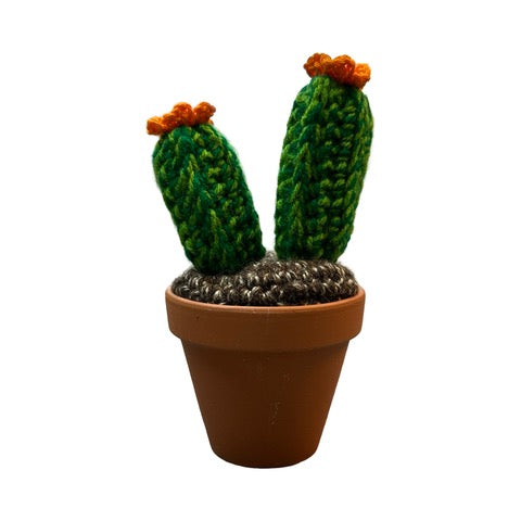 Handmade 2 pronged crochet cactus with orange flowers.