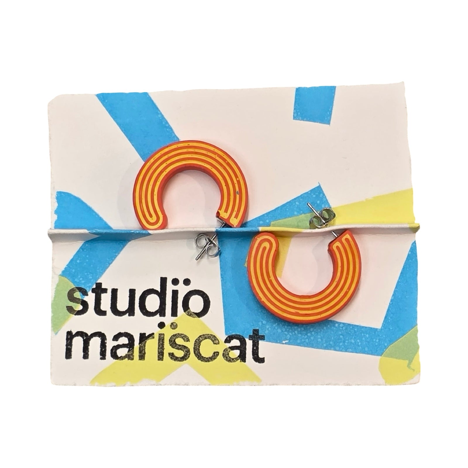 Orange chunky hoop earrings with red stripes.