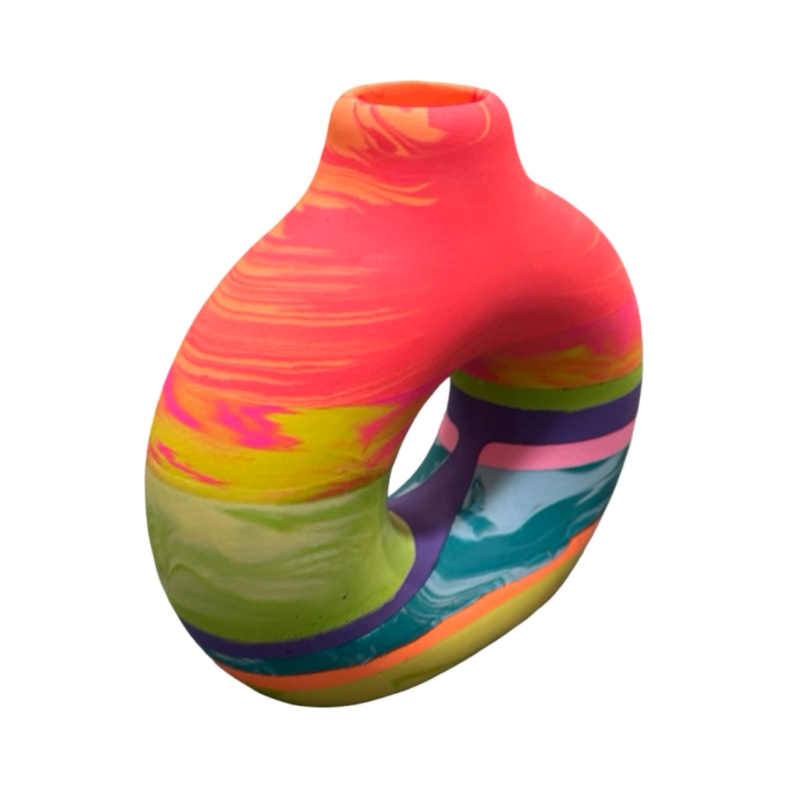 Colorful vase with a multicolored pattern on a white background.