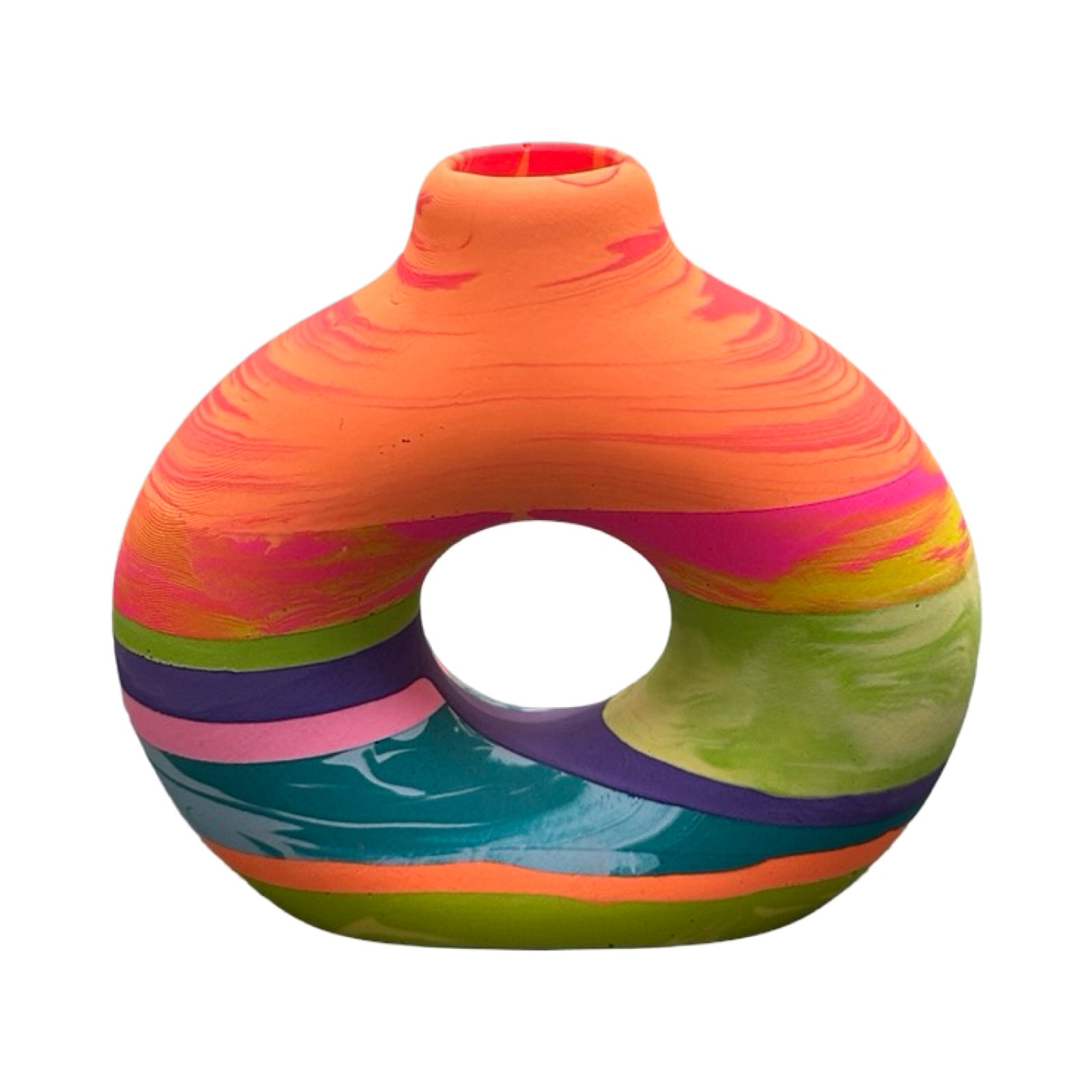Colorful vase with a circular hole on a white background.