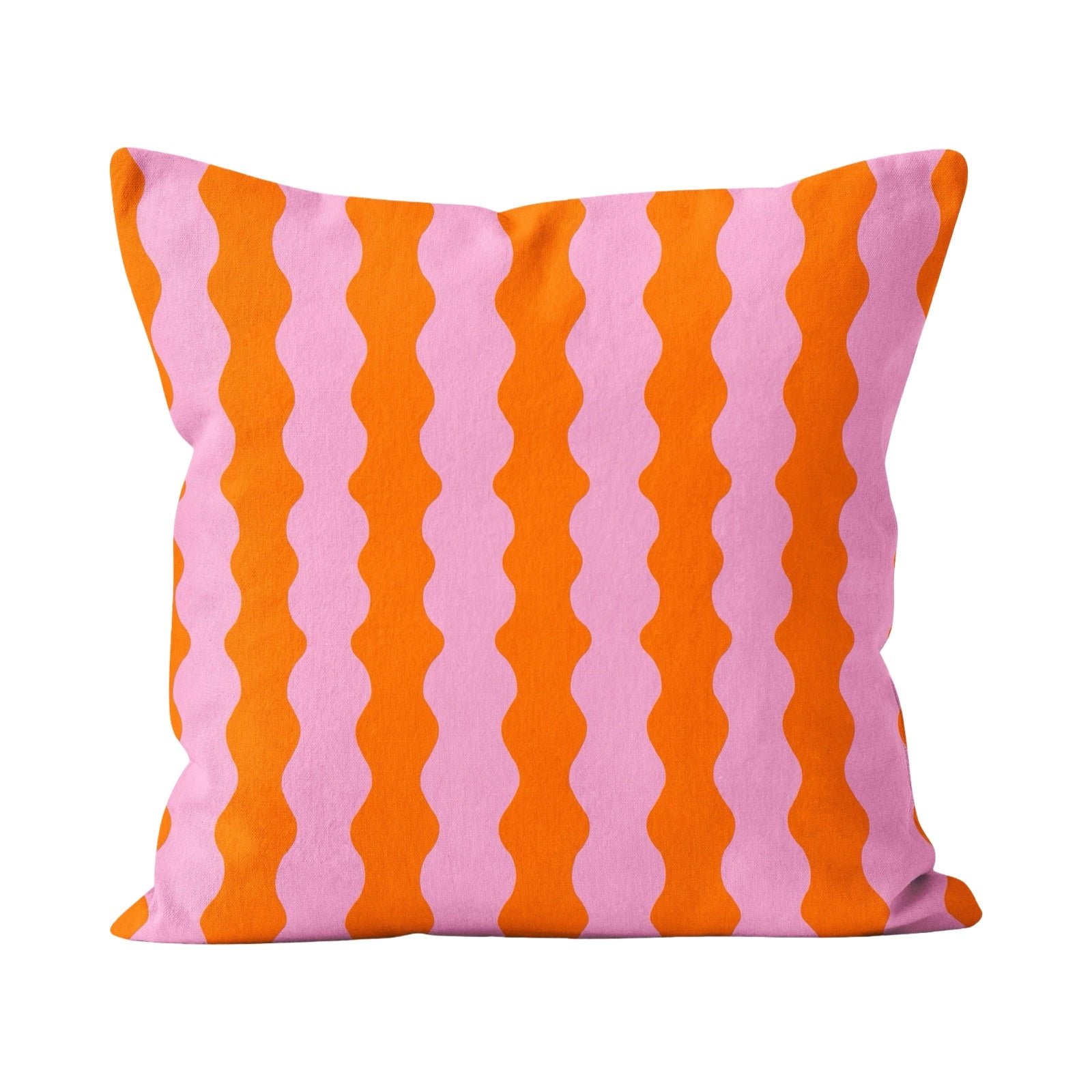 A velvet cushion with vertical orange and pink wavy stripes.