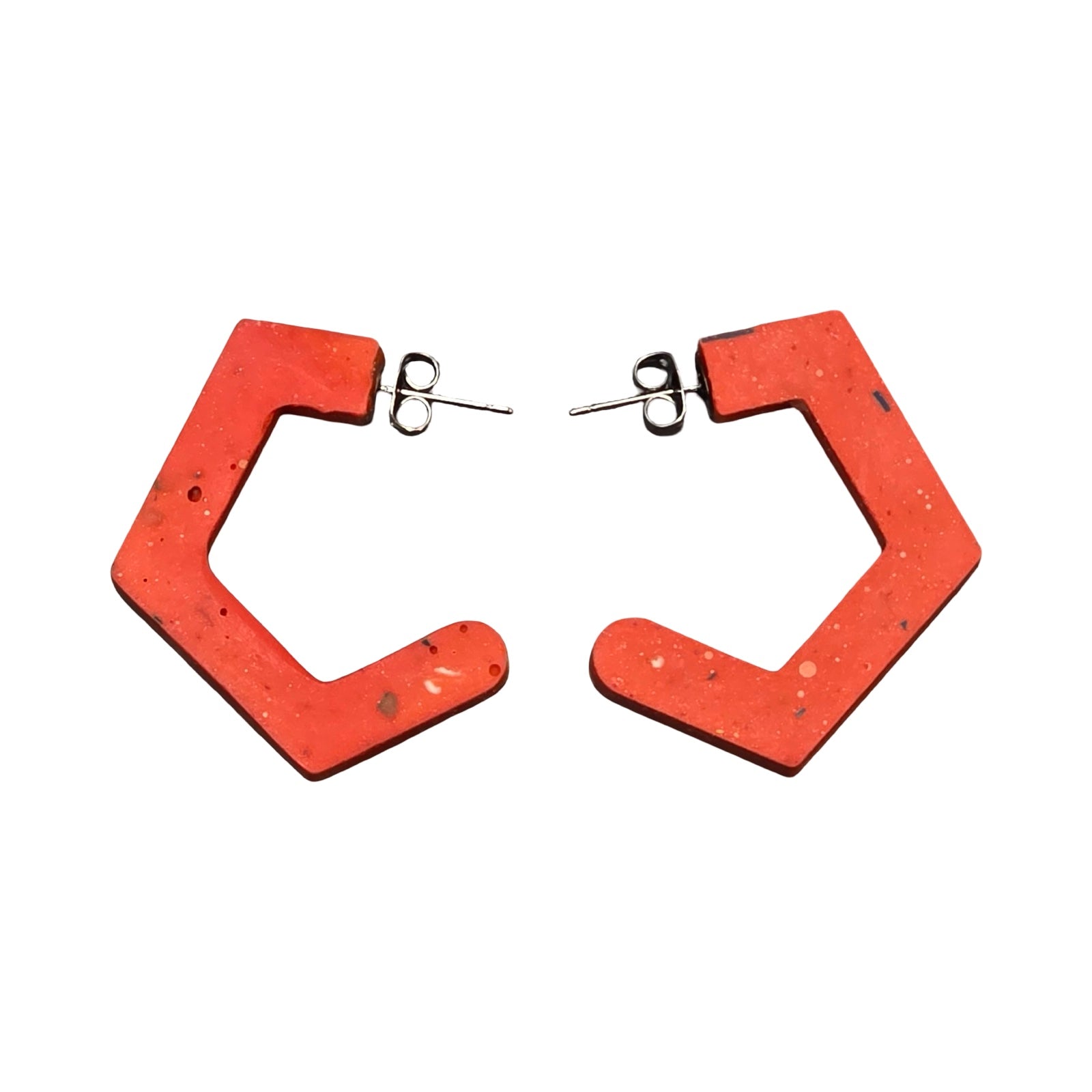 Orange chunky hexagon hoop earrings with yellow stripes.