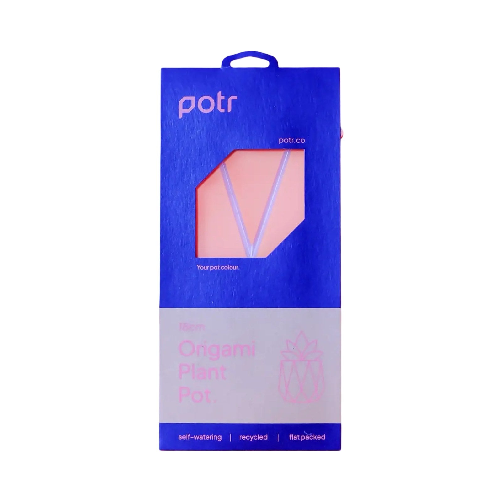 A coral coloured recycled plastic plant pot packaged.