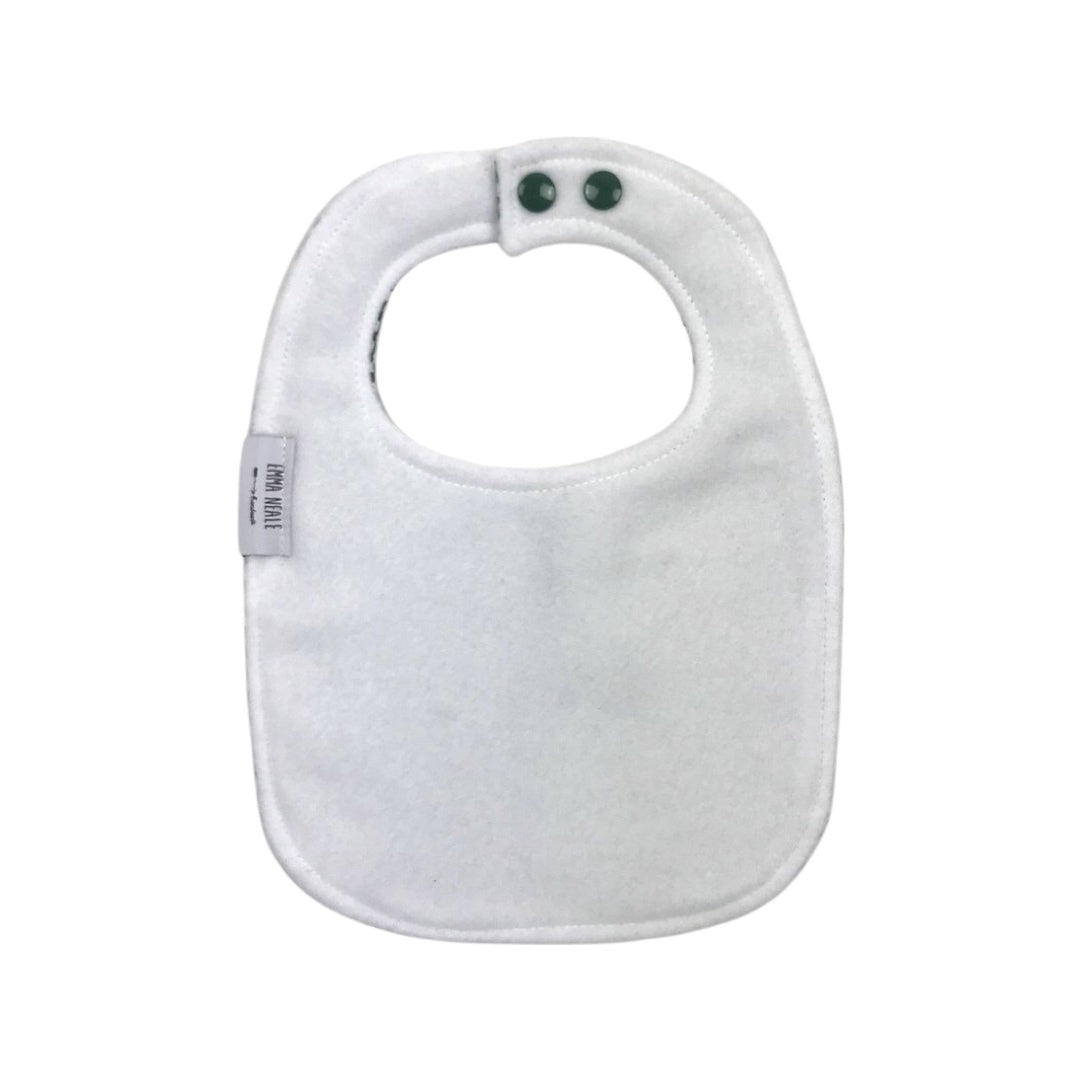 The back of an original-shaped bib in white fleece with 2 fasteners.