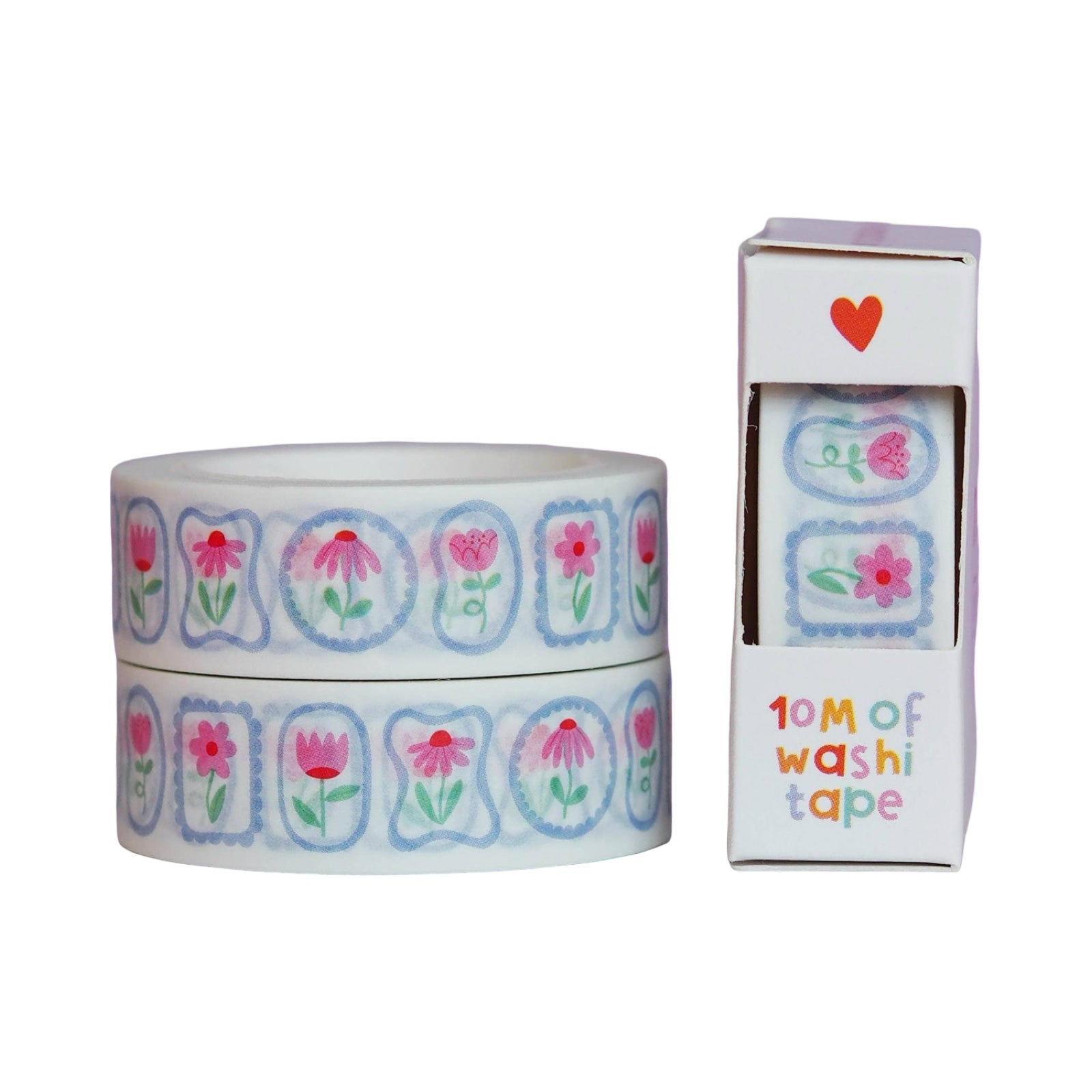 Washi tape with floral design and packaging on a white background.