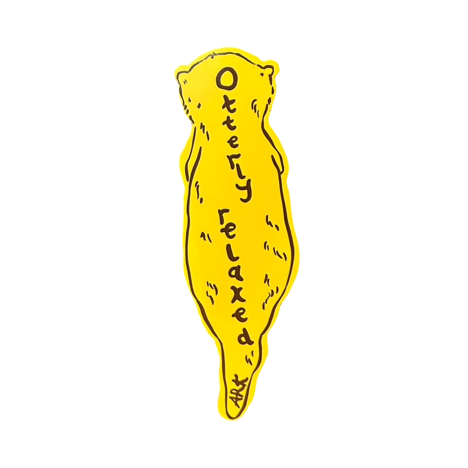 Yellow otter-shaped pillow with 'Otterly Relaxed' text on a white background.