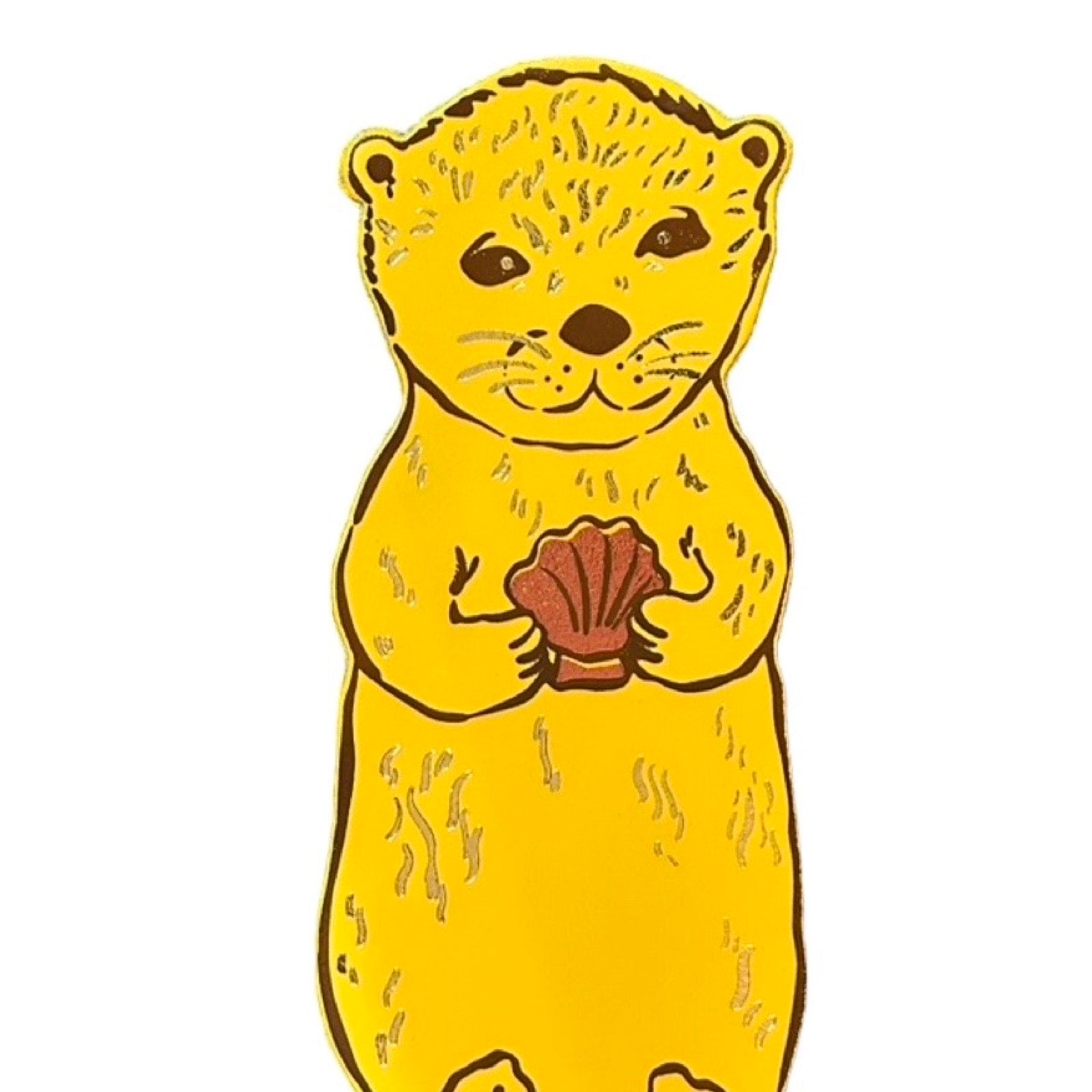 Bookmark of a yellow otter holding a shell on a white background.