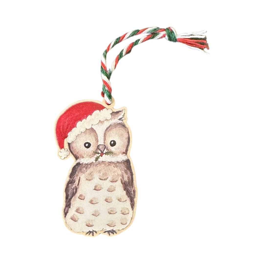 Wooden Christmas decoration of an owl wearing a Santa hat.
