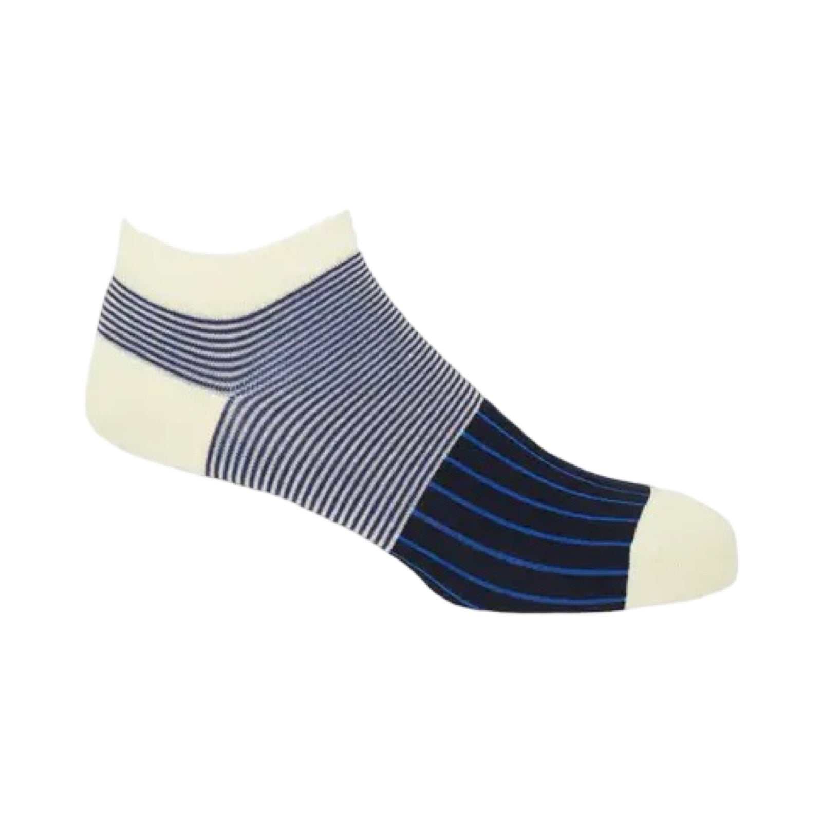 Ankle sock with blue and white striped pattern on a white background.