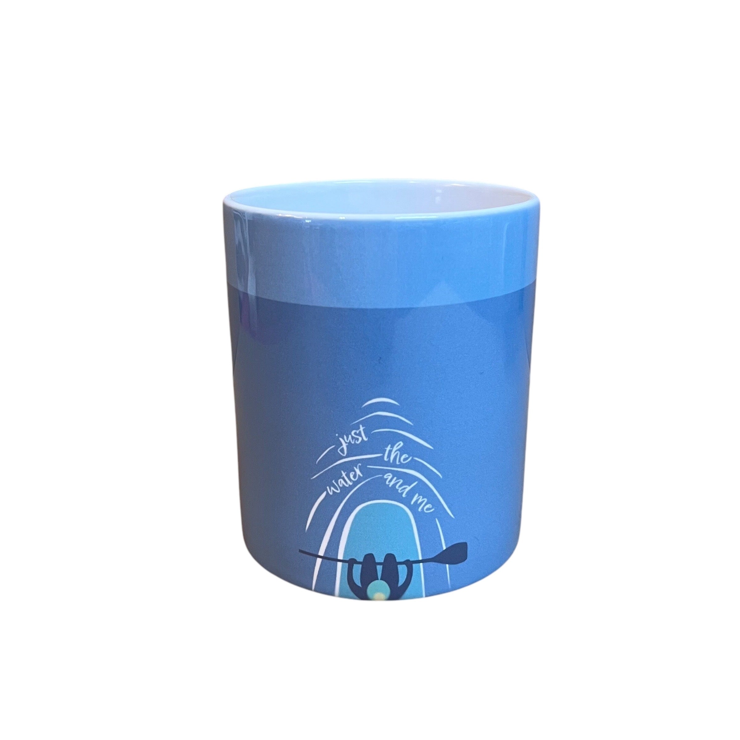 Mug featuring a paddle boarder out in the sea on their board and the text "just the water and me". This mug holds 10oz and is dishwasher safe.