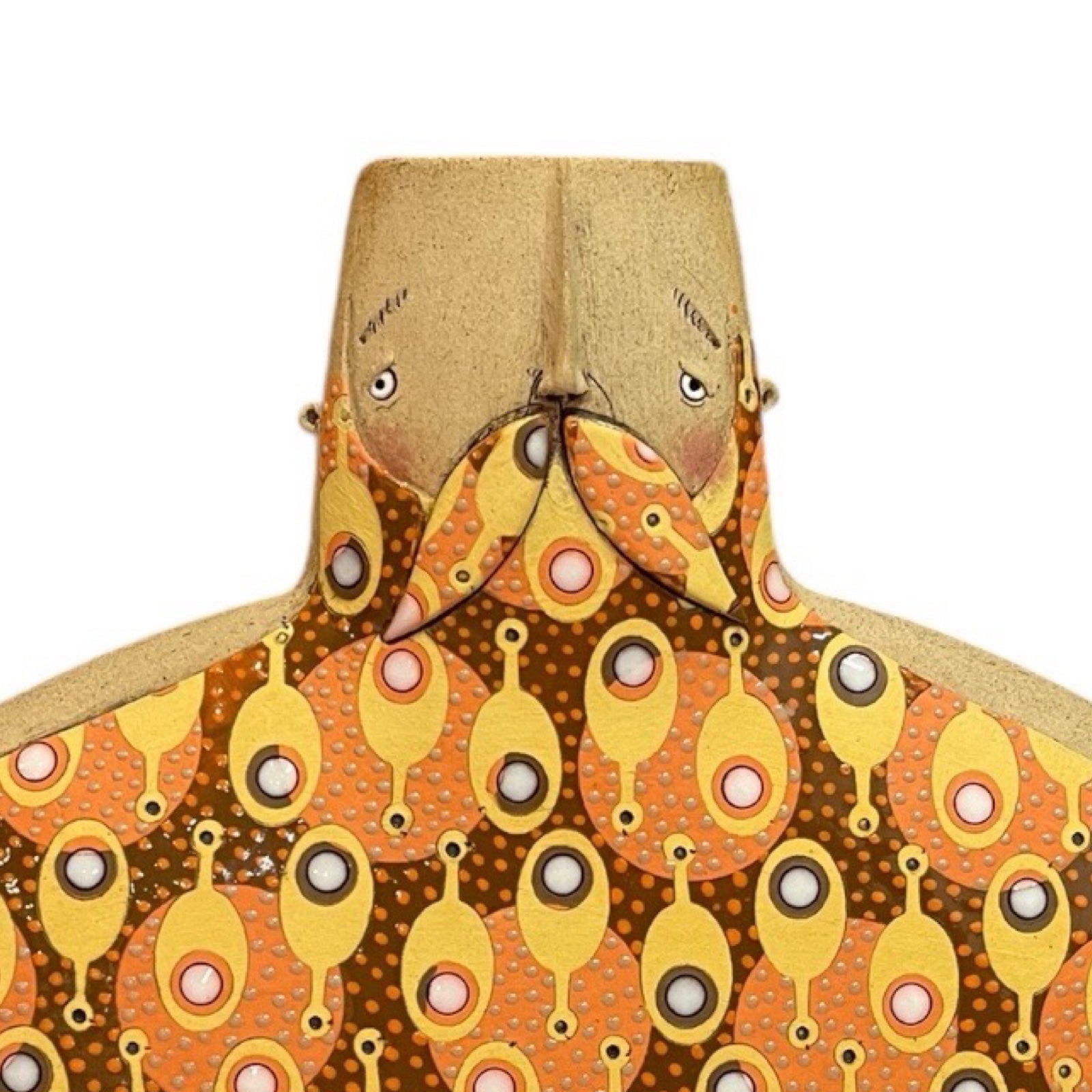 This moustache-faced oval vase with moobs is handmade, orange vase above.