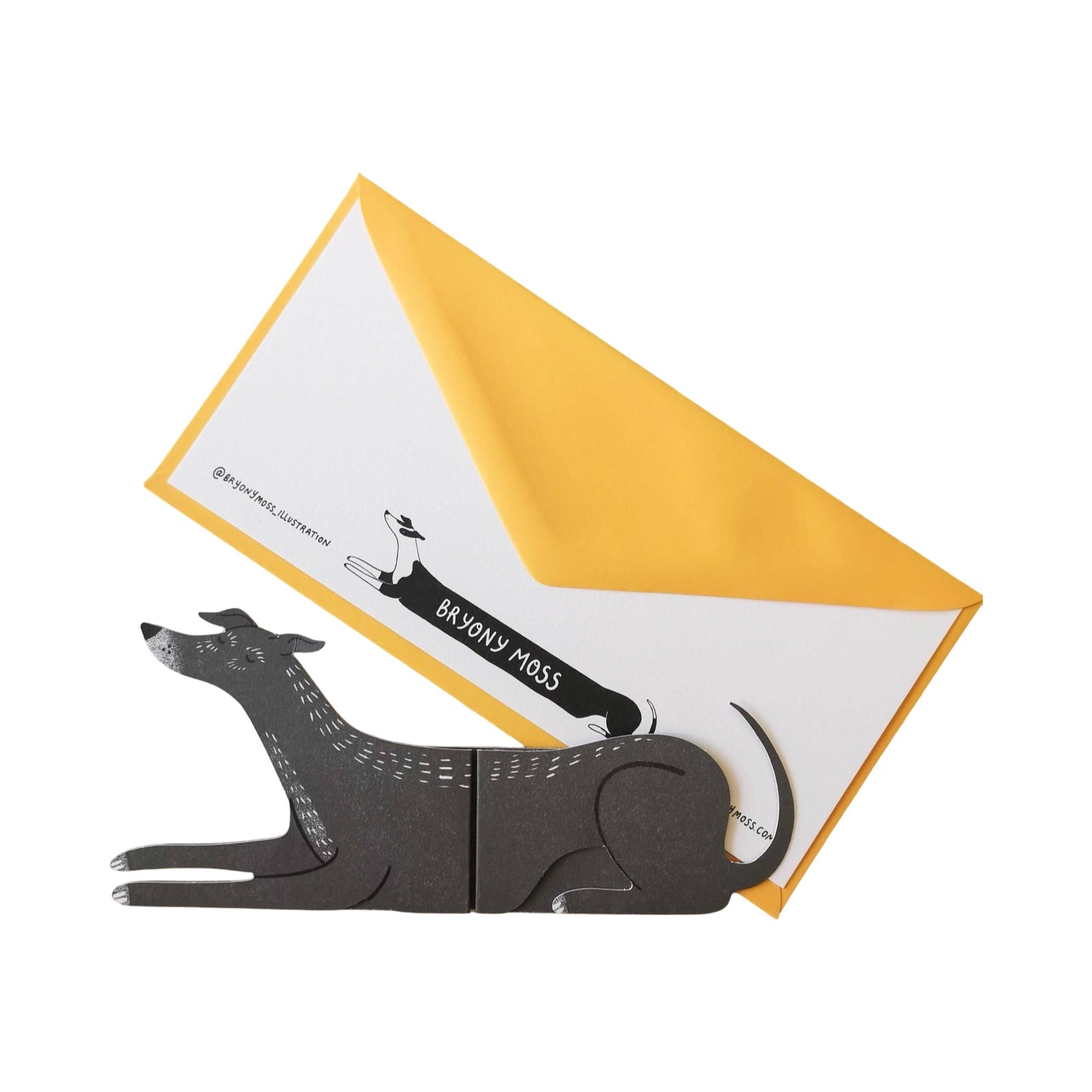 This dog-shaped card opens out to reveal a ridiculously long dog! 'Paddy' is a dark grey dog.