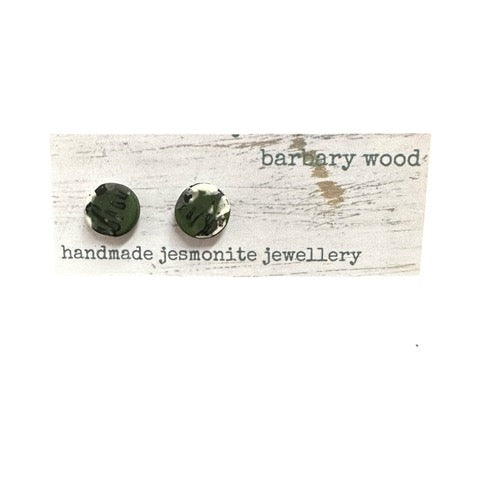 Round stud earrings in a green, grey, black and white paint design with silver posts.