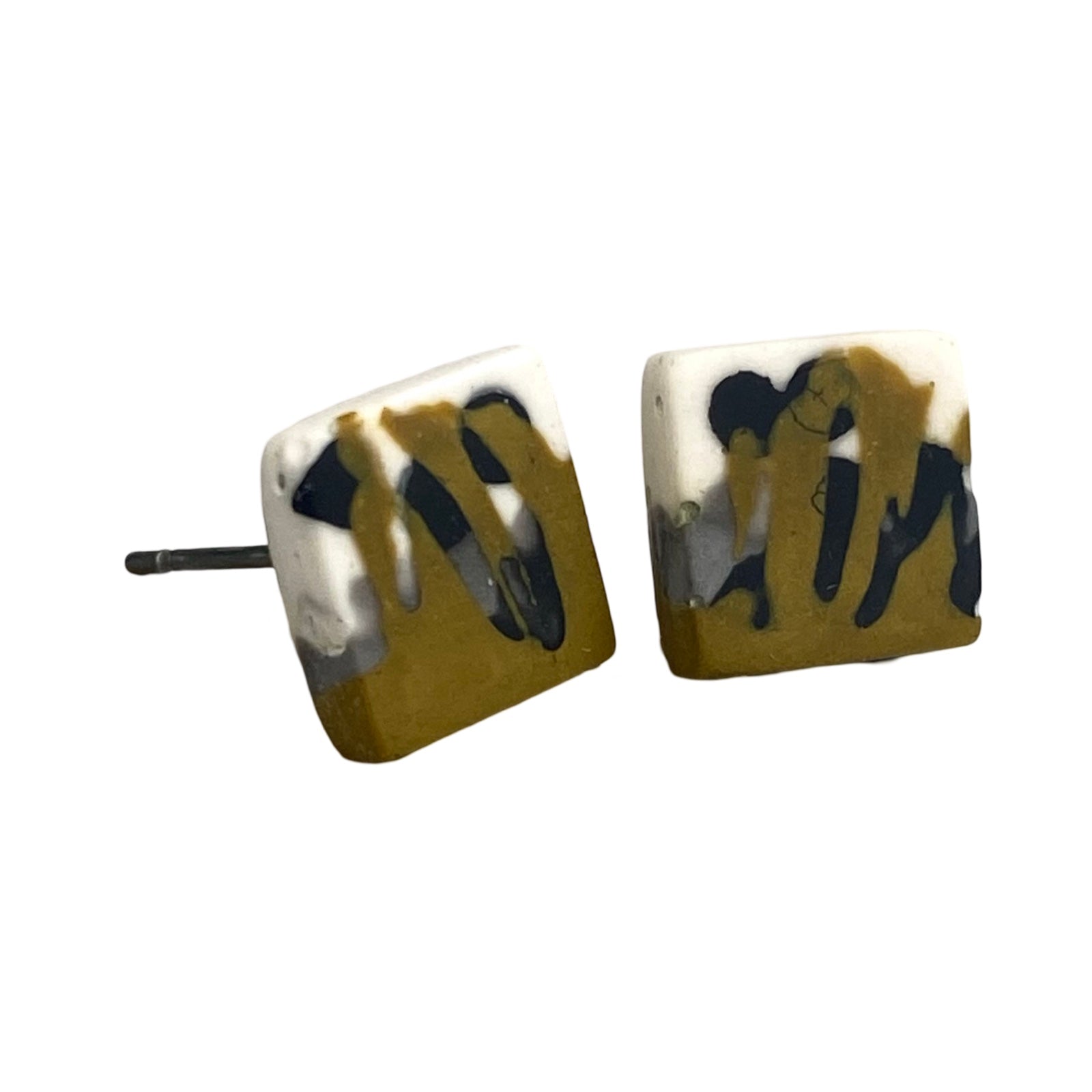 Square stud earrings in a mustard, grey, black and white paint design with silver ear posts.