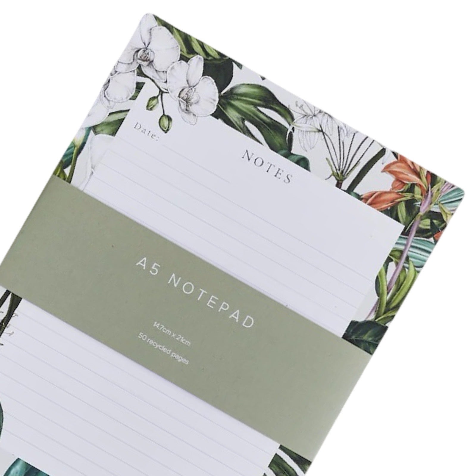 Floral A5 notepad with a green label on a white background.