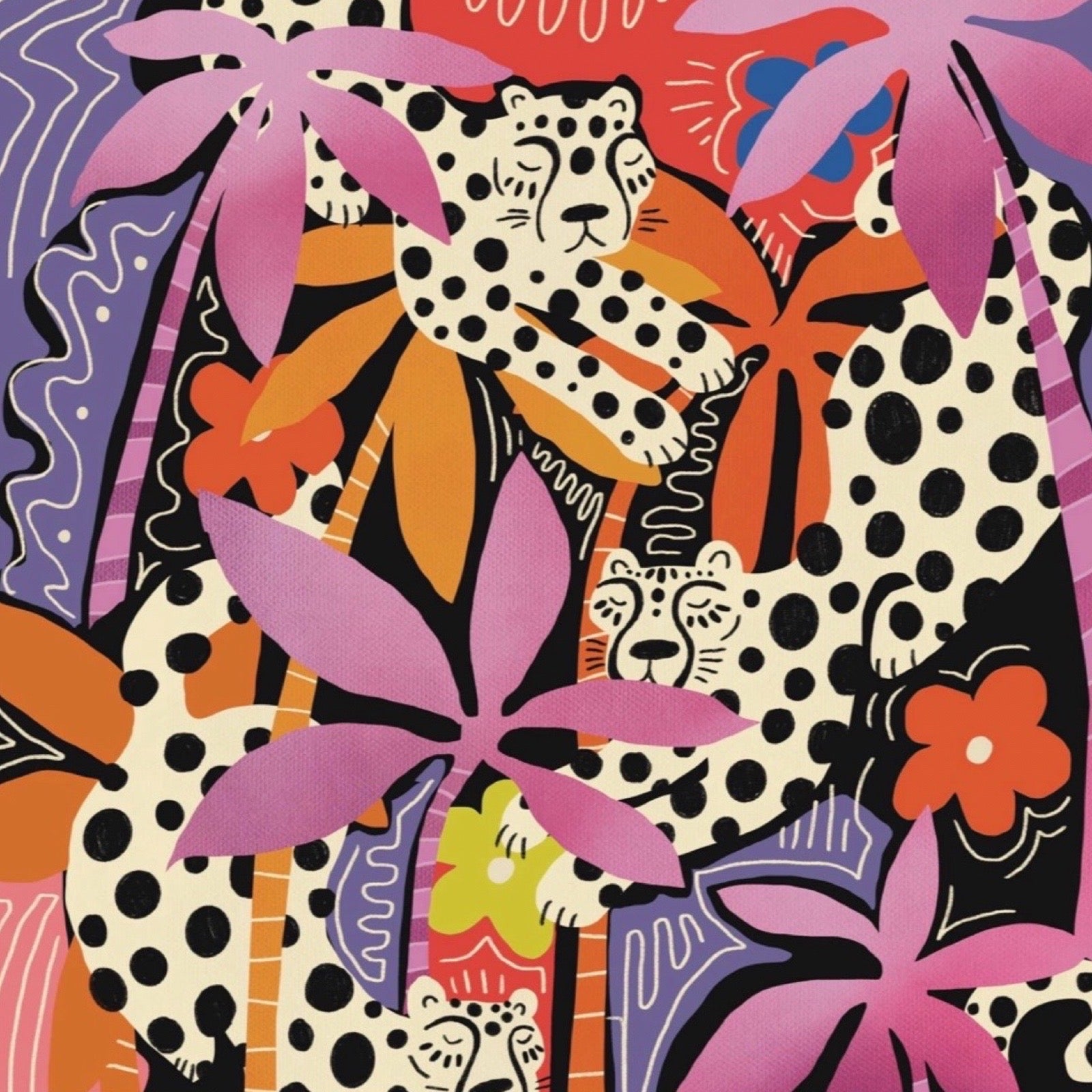Colourful abstract design with leopards, flowers, and palm trees.