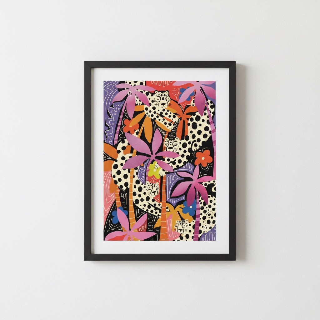 Framed colourful artwork with a colourful leopard design on a white wall.