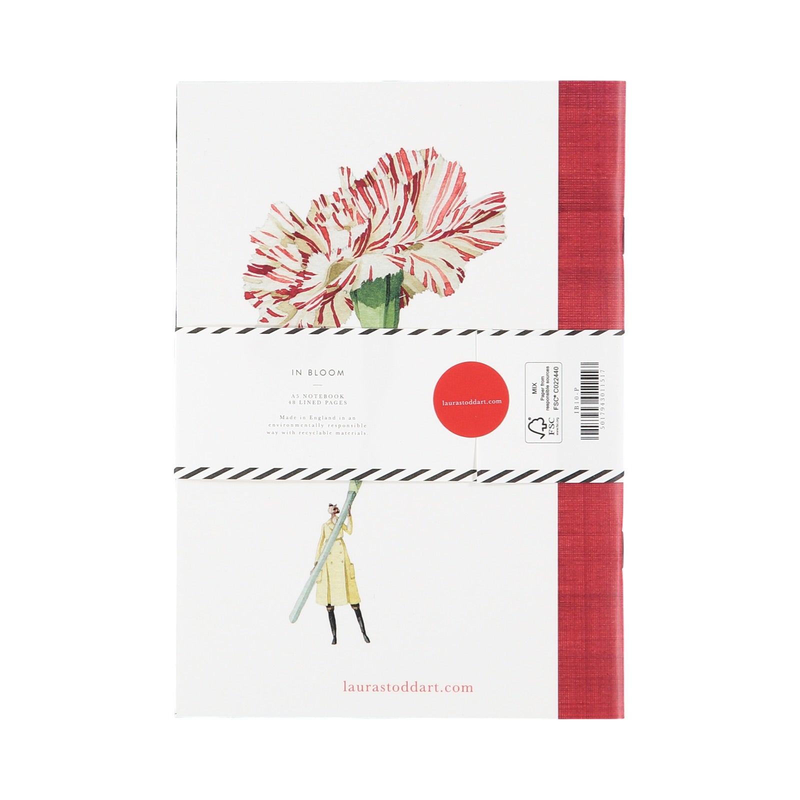 Slim notebook featuring an illustration of a lady holding a giant pink carnation.