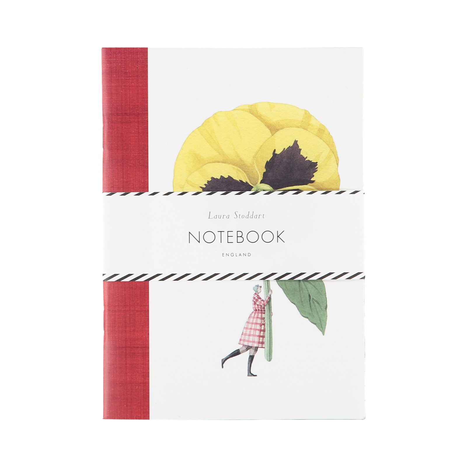 Slim notebook featuring an illustration of a lady holding a giant pansy flower.