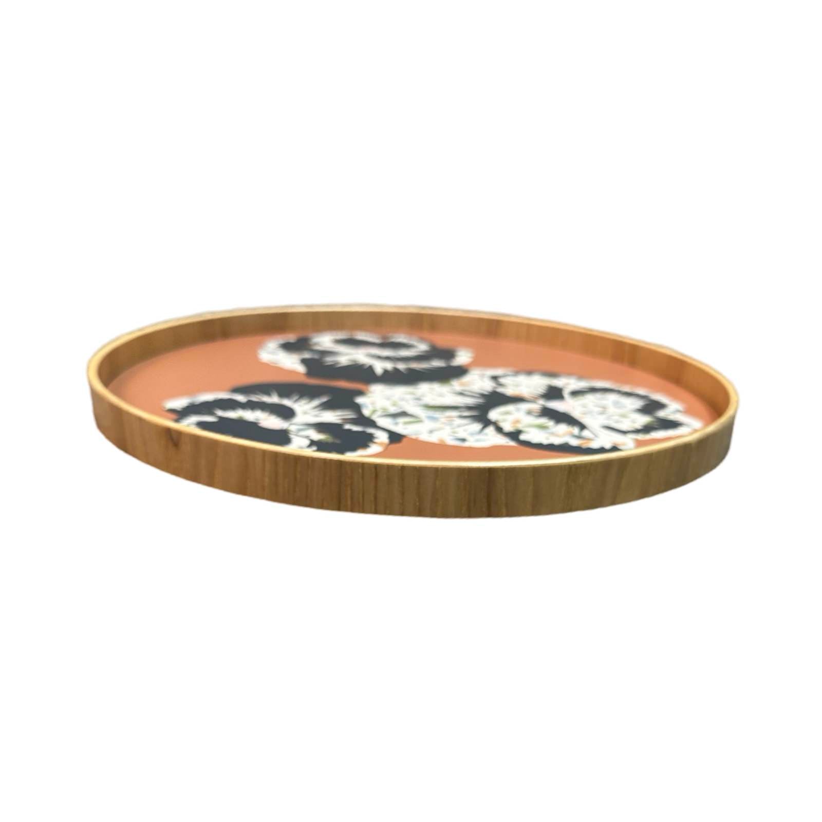 Handmade serving trays are made from bamboo with a colourful pansy flower design.