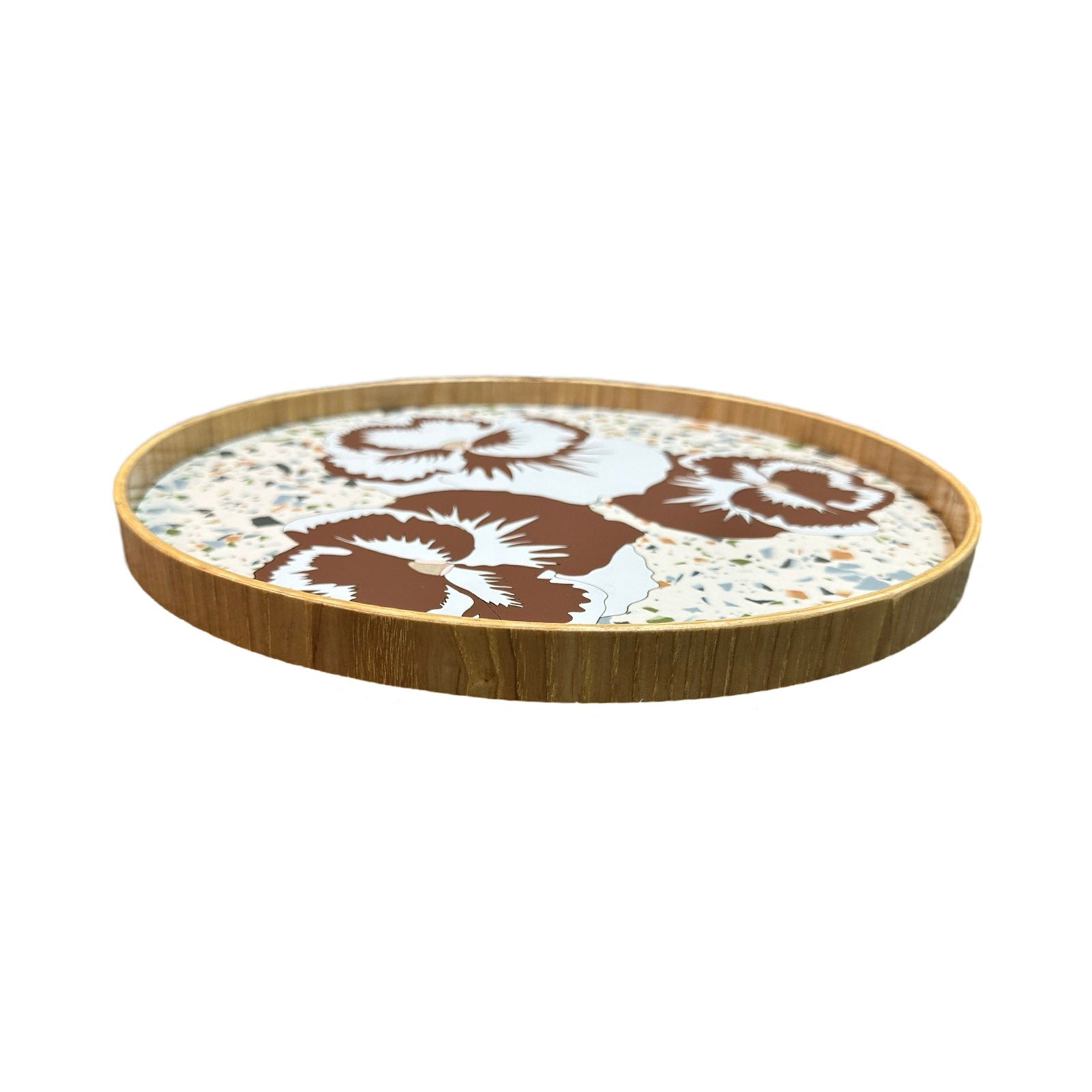 Handmade serving trays are made from bamboo with a colourful pansy flower design.