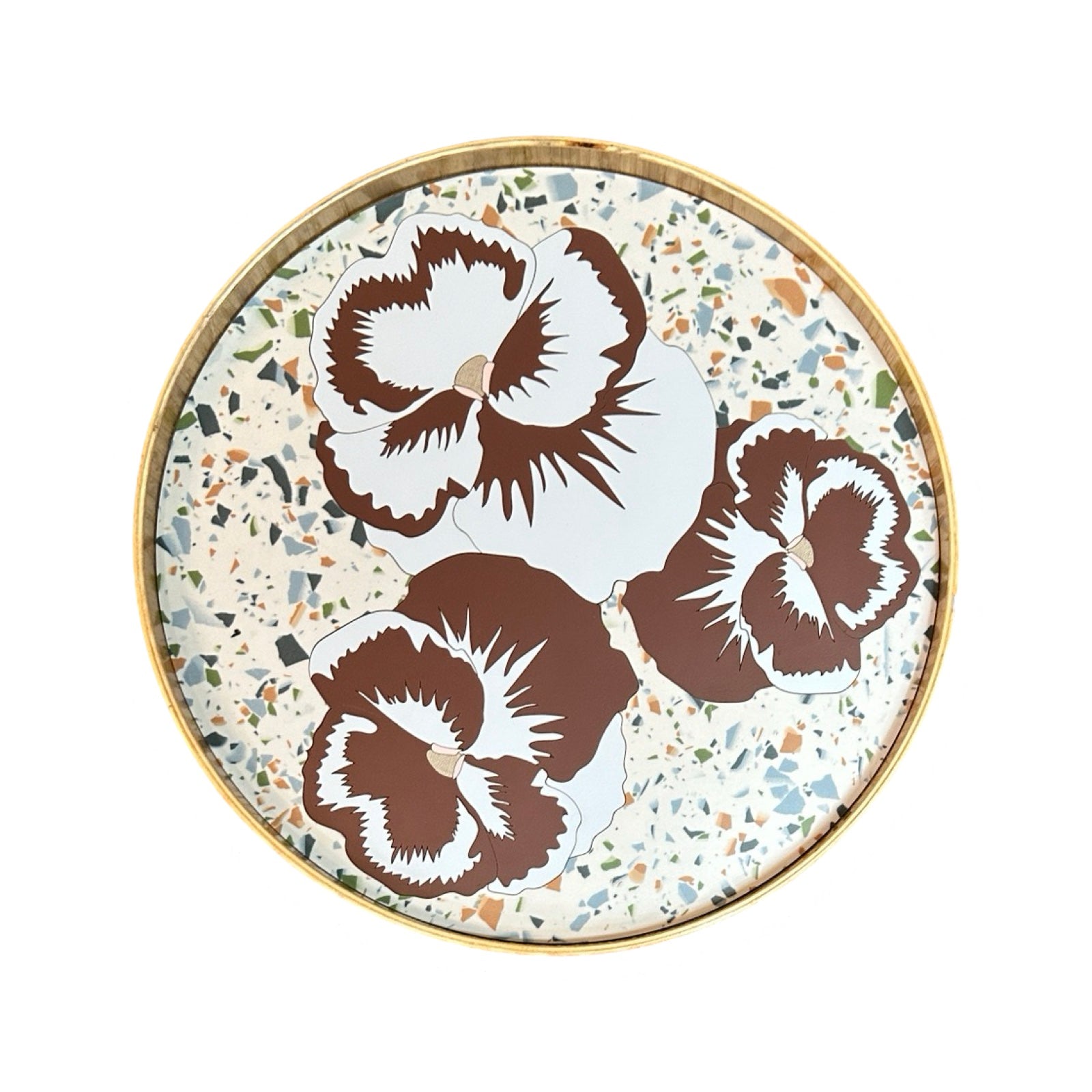 Handmade serving trays are made from bamboo with a colourful pansy flower design.