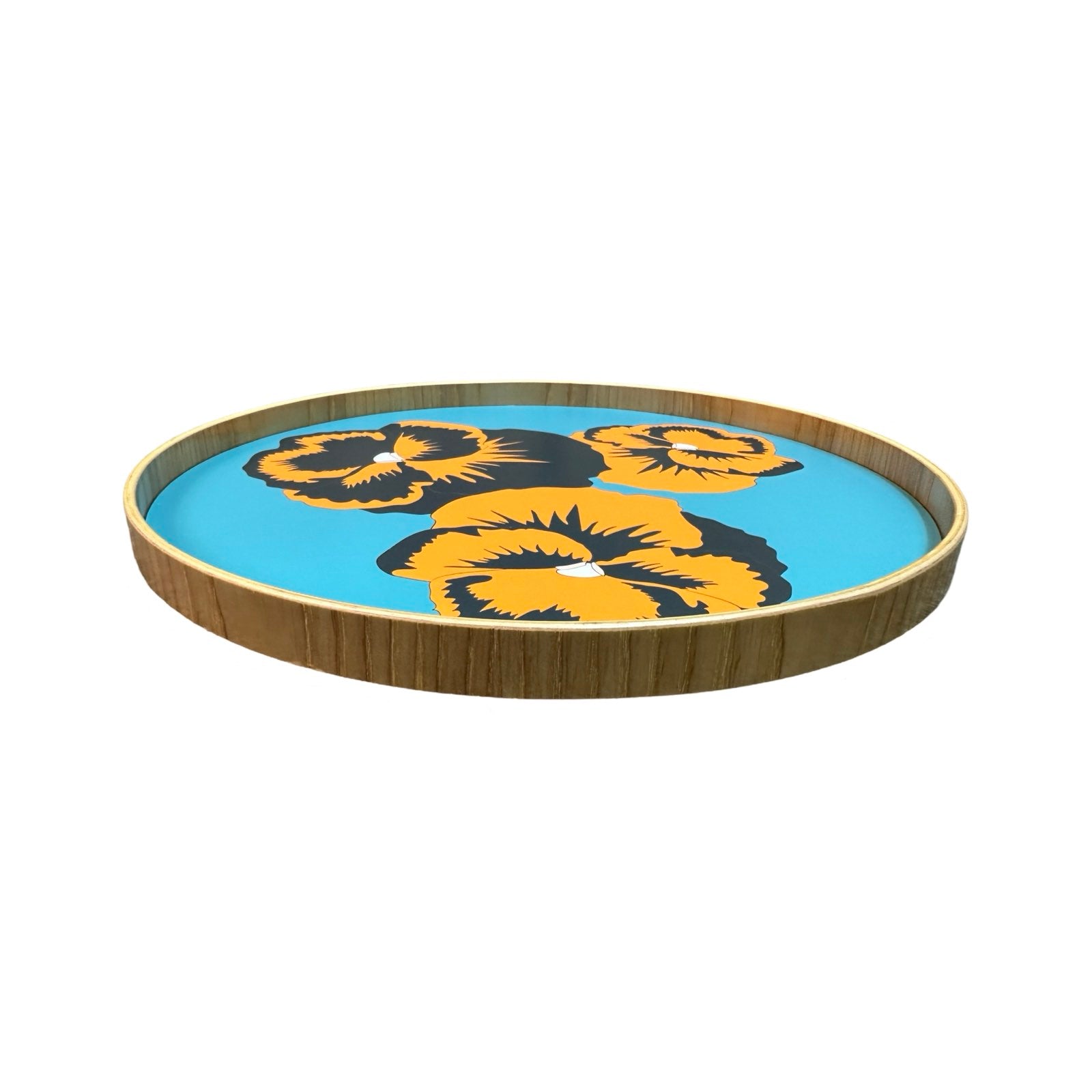 Handmade serving trays are made from bamboo with a colourful pansy flower design.