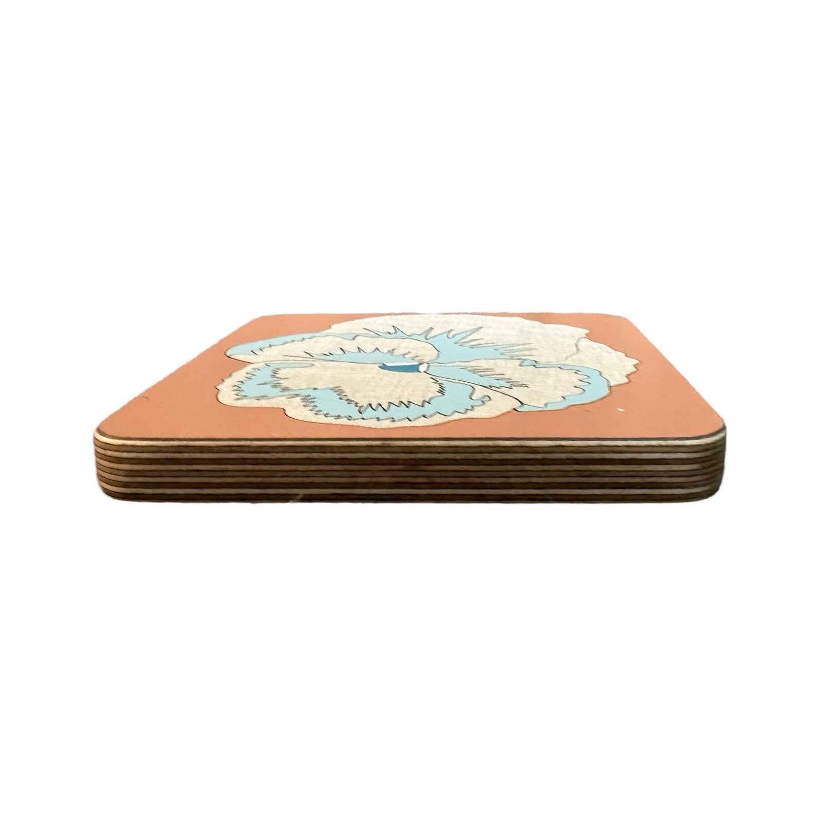 Handmade trivets are made from birch plywood with a colourful pansy flower design.
