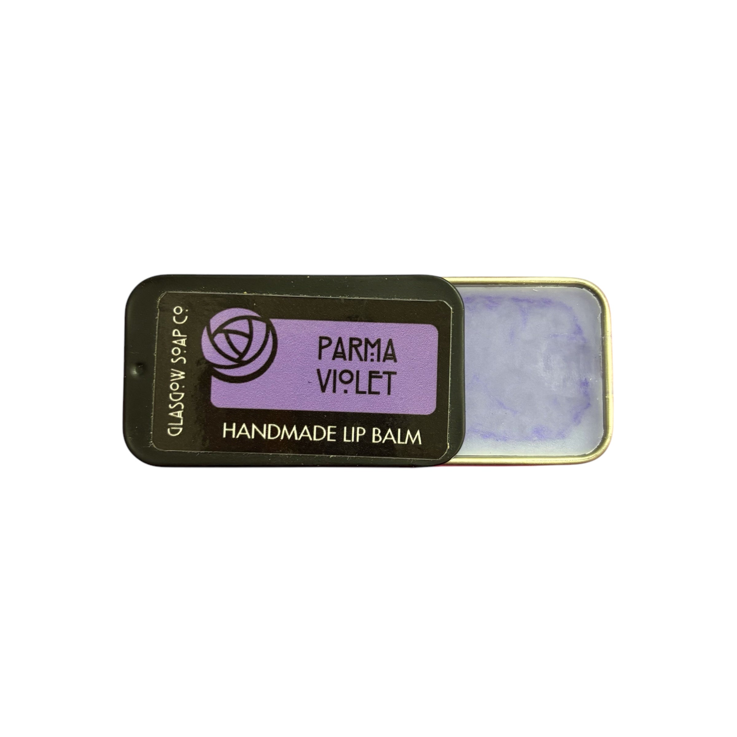 A small black tin of parma violet lip balm, half open.
